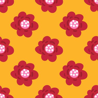 Sevimli çizgi film polka çiçekleri düz stil, pürüzsüz desenli. Çiçek gibi çocuksu bir geçmişi var. Vektör illüstrasyonu.    