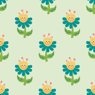 Sevimli çizgi film çiçekleri. Düz, düz şekilli desenli. Çiçek arkaplan. Vektör illüstrasyonu.   