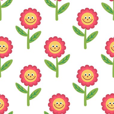 Sevimli çizgi film çiçekleri. Düz, düz şekilli desenli. Çiçek arkaplan. Vektör illüstrasyonu.   