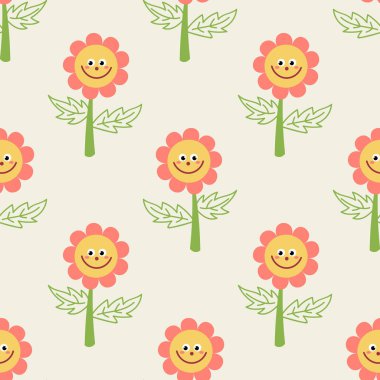 Sevimli çizgi film çiçekleri. Düz, düz şekilli desenli. Çiçek arkaplan. Vektör illüstrasyonu.   