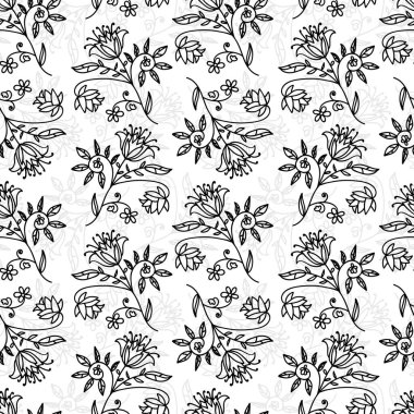 Çiçeklerle, dallarla ve yapraklarla soyut, dikişsiz desenler çiz. Vektör illüstrasyonu.