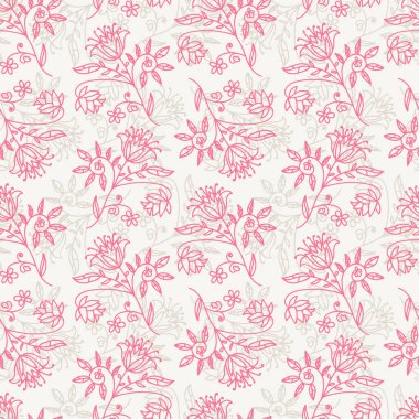 Dalları ve yaprakları olan dikişsiz çiçek deseni. Vektör illüstrasyonu.