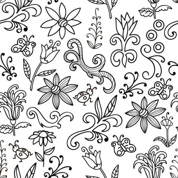 Black White Floral Doodle Seamless Pattern Flowers Swirls Insects Butterfly — Stock Vector