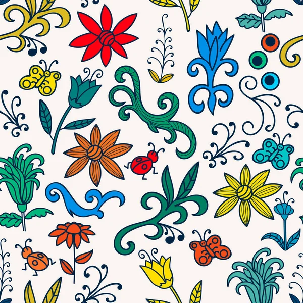 Цветные Цветочные Каракули Бесшовные Цветами Насекомыми Бабочками Бесшовная Ботаническая Текстура — стоковый вектор