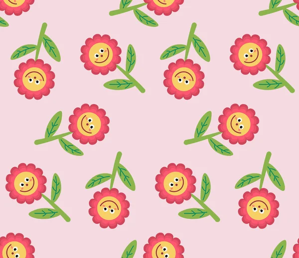 Düz şekilli, şirin çizgi film karakterleri. Çiçeksel çocuksu mozaik arka plan. Vektör illüstrasyonu.      