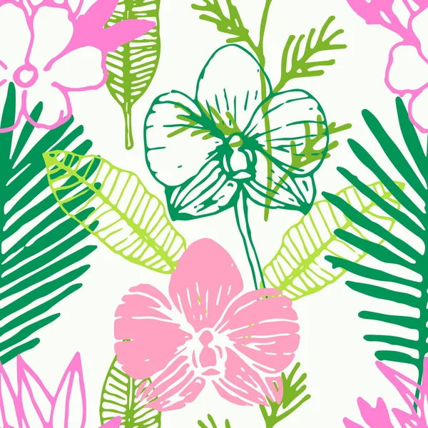 Motif Tropical Sans Couture Avec Frangipani Feuilles Palmier Fleur Orchidée — Image vectorielle