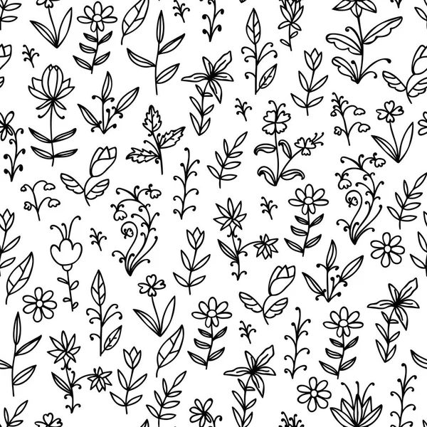 Florales Schwarz Weißes Nahtloses Muster Mit Kritzeligen Blüten Vektorillustration — Stockvektor