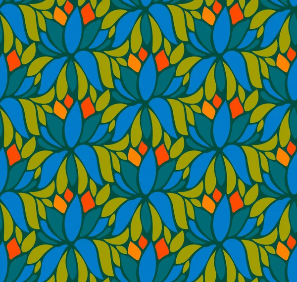 Bloemen Naadloos Patroon Met Marineblauw Rood Oranje Lotus Groene Bladeren — Stockvector