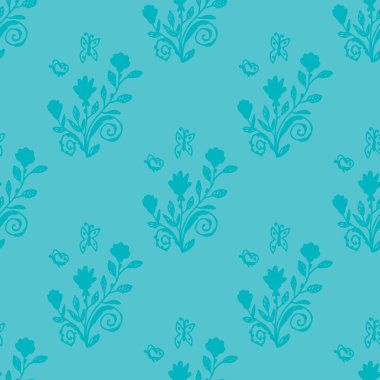 Kelebekli gül çalıları. Çiçeklerle desenli çiçek deseni. Paket kağıdı, tekstil, kart, internet için mavi arkaplan. Vektör illüstrasyonu.