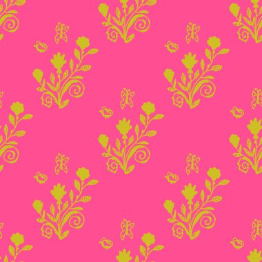 Kelebekli gül çalıları. Çiçeklerle desenli çiçek deseni. Paket kağıdı, tekstil, kart, internet için pembe arkaplan. Vektör illüstrasyonu.