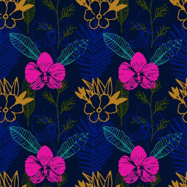 Tropikal el, Frangipani, palmiye yaprakları ve orkide çiçeğiyle kusursuz desen çizmiş. Cennet çiçekleri olan orman ormanı, doğal renkli arka plan. Vektör illüstrasyonu.