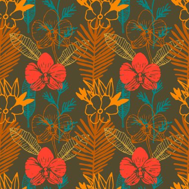 Tropikal el, Frangipani, palmiye yaprakları ve orkide çiçeğiyle kusursuz desen çizmiş. Cennet çiçekleri olan orman ormanı, doğal renkli arka plan. Vektör illüstrasyonu.