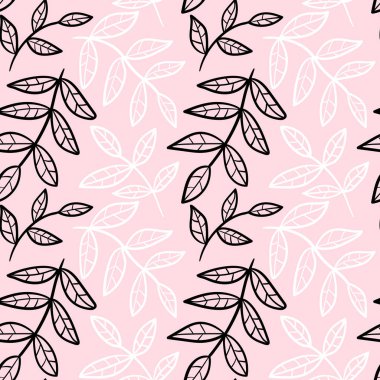 Dağınık yaprakları, pembe arka planda dalları olan renksiz desenler. Çiçek motifi. Vektör illüstrasyonu. 