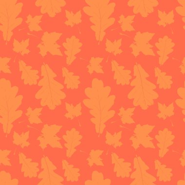 Akçaağaç ve meşe yapraklı turuncu, dikişsiz desen. Sonbahar arkaplanı grunge yaprağı, ambalaj kağıdı yaprakları. Vektör illüstrasyonu.