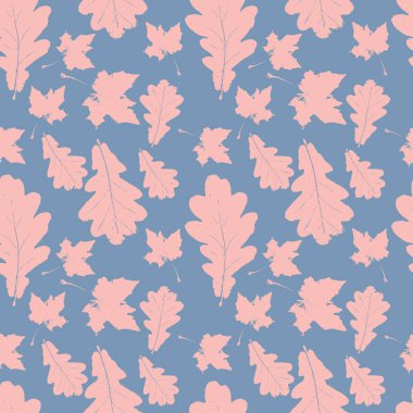 Mavinin üzerinde akçaağaç ve meşe pembesi yapraklı çiçek deseni var. Sonbahar arkaplanı grunge yaprağı, ambalaj kağıdı yaprakları. Vektör illüstrasyonu.