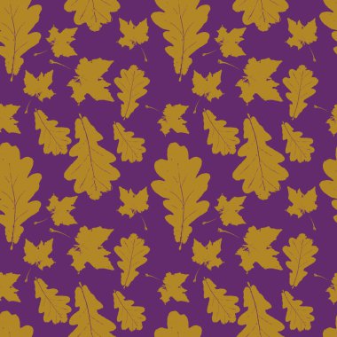 Altın akçaağaç ve mor meşe yapraklı çiçek desenli. Sonbahar arkaplanı, doğal grunge ağacı yaprakları, ambalaj kağıdı yaprakları. Vektör illüstrasyonu.