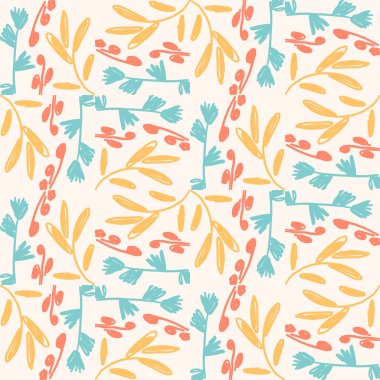 Çiçekler, dallar ve yapraklarla süslenmiş soyut çiçek desenli çizgi film. Çiçek arkaplan. Vektör illüstrasyonu. 