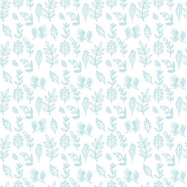 Çiçek desenli, kusursuz bir el çizimi. Bitkiler, yapraklar, ladin dalı, böğürtlen, koni. 