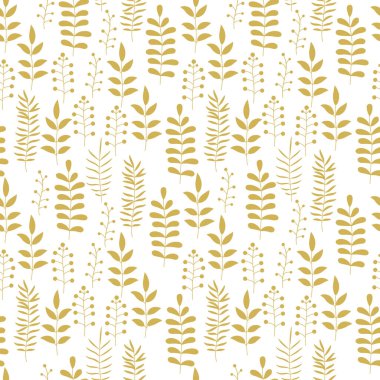 Renkli karalamalar, yeşil dalları ve beyaz arka planda yaprakları olan dikişsiz desenler. Vektör illüstrasyonu.