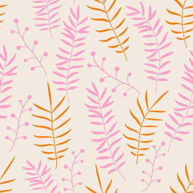 Dalları ve yaprakları olan sevimli, renkli, dikişsiz desen. Doodle Ormanı geçmişi. Vektör illüstrasyonu.