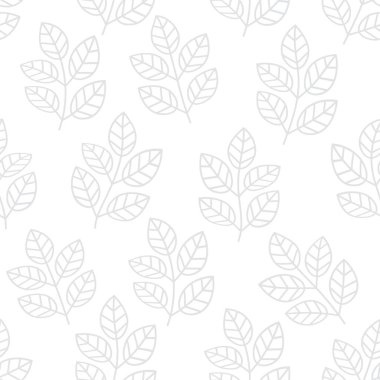 İnce çizgili, dikişsiz desen. Dalları ve yaprakları olan çiçekli bir arka plan. Vektör illüstrasyonu. 