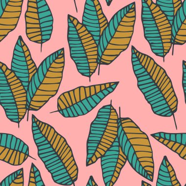 Tropikal el çizimi palmiye yaprakları olan hoş, dikişsiz desenli bir çiçek. Vektör illüstrasyonu.