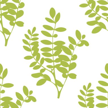 Yeşil ve beyaz çiçekli arka plan. Ağaç yaprakları ve dallar dikişsiz desen. Vektör illüstrasyonu.