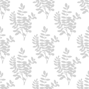 Beyaz, pürüzsüz desenli, gerçekçi ağaç yaprakları ve dallarıyla gri. Çiçek arkaplan, ambalaj kağıdı, duvar kağıdı, kumaş, ağ. Vektör illüstrasyonu.