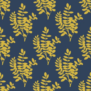 Yeşil ve lacivert çiçekli arka plan. Ağaç yaprakları ve dallar dikişsiz desen. Vektör illüstrasyonu.