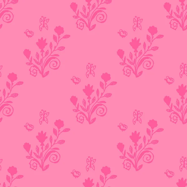 Rosenbüsche Mit Schmetterlingen Florales Nahtloses Muster Mit Blumen Pinkfarbener Hintergrund — Stockvektor
