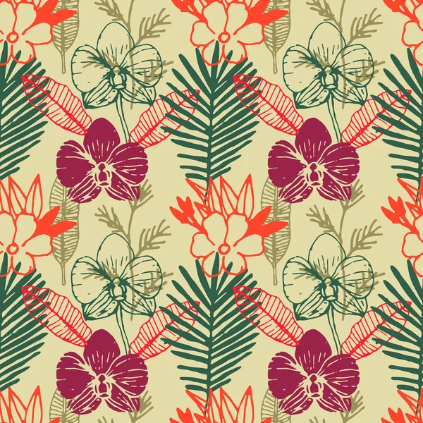 Tropisches Handgezeichnetes Nahtloses Muster Mit Frangipani Palmblättern Orchideenblume Dschungel Wald — Stockvektor