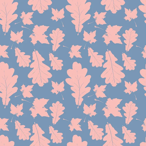Mavinin üzerinde akçaağaç ve meşe pembesi yapraklı çiçek deseni var. Sonbahar arkaplanı grunge yaprağı, ambalaj kağıdı yaprakları. Vektör illüstrasyonu.