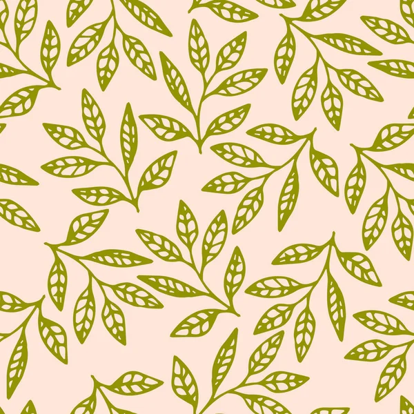Квітковий Безшовний Візерунок Намальованими Руками Зеленими Гілками Листям Рожевому Тлі — стоковий вектор
