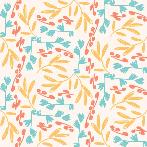 Çiçekler, dallar ve yapraklarla süslenmiş soyut çiçek desenli çizgi film. Çiçek arkaplan. Vektör illüstrasyonu. 