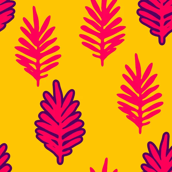 ピンク 紫色の手で熱帯の背景は黄色にヤシの葉を描いた 熱帯のシームレスなパターン ベクターイラスト — ストックベクタ