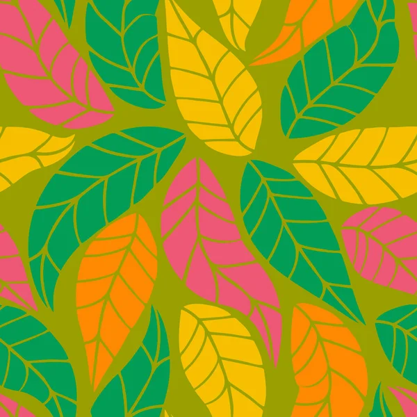 五彩斑斓的热带地区留下无缝图案 有卷曲的乔木叶的花背 矢量说明 — 图库矢量图片