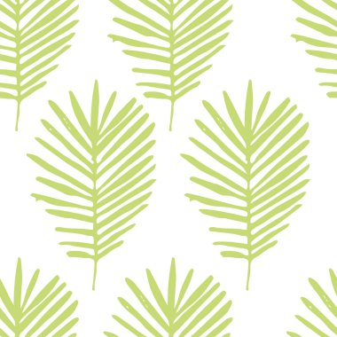 Beyaz üzerine yeşil avuç içi yaprakları çizilmiş tropikal bir arka plan. Tropik, pürüzsüz desen. Vektör.