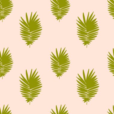 Pastel pembeye çizilmiş yeşil palmiye yaprakları olan tropik bir arka plan. Tropik, pürüzsüz desen. Vektör.