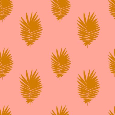 Pembe üzerine altın el çizilmiş palmiye yaprakları olan tropik bir arka plan. Tropik, pürüzsüz desen. Vektör.