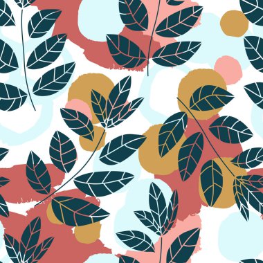 Renkli çiçekli, geometrik grunge şekilli, dallı, elle çizilmiş fırça darbeleri, daireler, yüzükler ve boya sıçramaları, geometrik şekiller. Dağınık bir yapısı, kirli bir geçmişi var. Vektör.