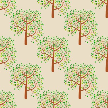 Bej arka planda çizgi film yaz ormanı. Ağaçlarla kaplı ağaçsız bir yer. Vektör illüstrasyonu.  