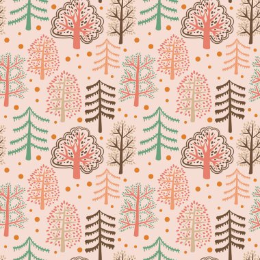 Çizgi romanlardaki yaz ağaçları ve noktalar düz karalamalı şirin orman desenleri. Orman geçmişi. Vektör illüstrasyonu.  