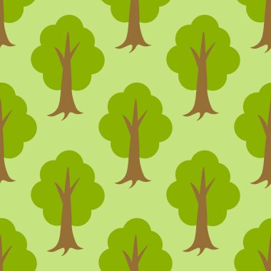 Çizgi romanlardaki yaz ağaçlarının düz bir tarzı var. Orman geçmişi. Vektör illüstrasyonu. 