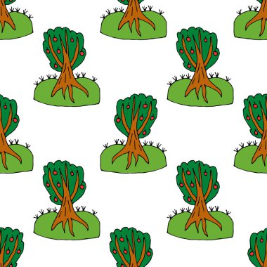 Çizgi film karalaması, elma ağacının dikişsiz deseni. Sonsuz meyve bahçesi geçmişi. Vektör illüstrasyonu.  