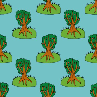 Çizgi film karalaması, elma ağacının dikişsiz deseni. Sonsuz meyve bahçesi geçmişi. Vektör illüstrasyonu.  