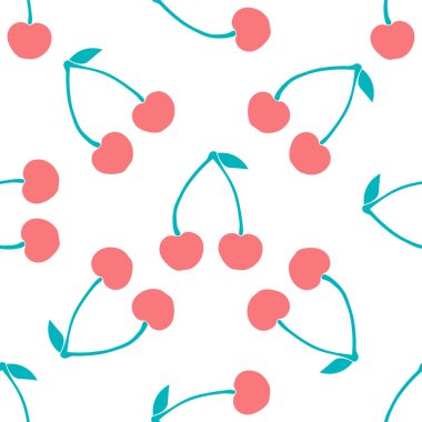 Beyaz zemin üzerinde çift kiraz ve yaprak ile kusursuz desen.