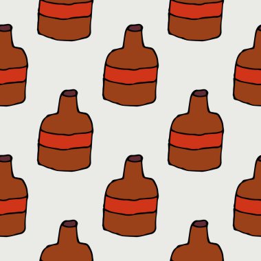 Çizgi film karalamaları şişenin dikişsiz deseni. Viski tabağı simgesiyle sonsuzluk arkaplanı. Vektör illüstrasyonu.   