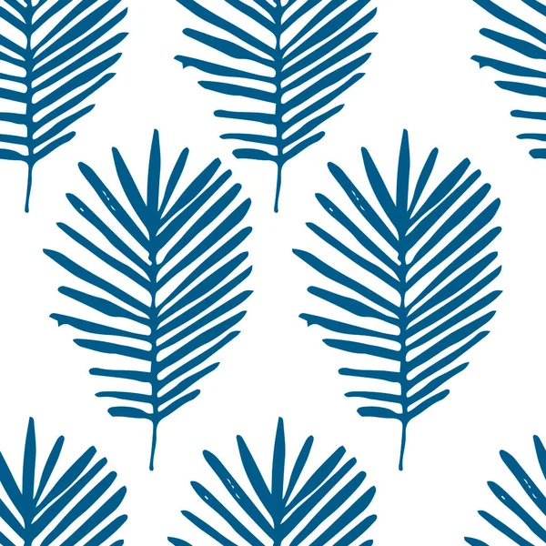 热带背景 蓝手画棕榈叶白色 热带无缝图案 — 图库矢量图片