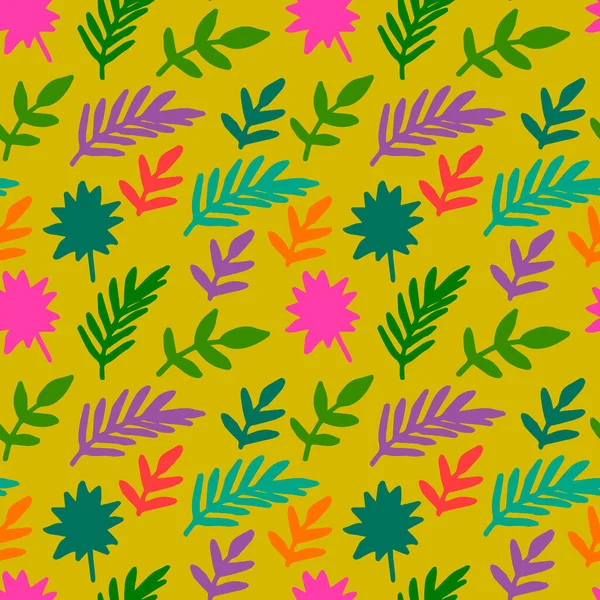 Bunte Tropische Nahtlose Muster Mit Handgezeichneten Palmblättern Zweigen Blumen Tropisches — Stockvektor