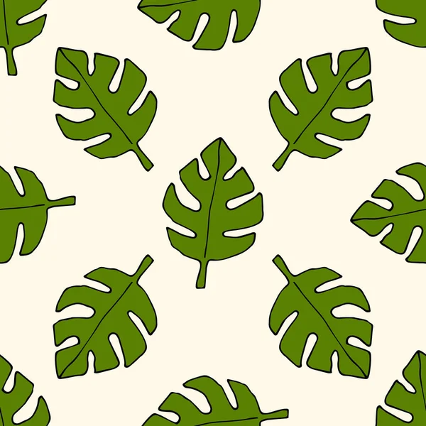 Cartoon Doodle Monstera Leaves Seamless Pattern Floral Background Hand Drawn — Stock Vector